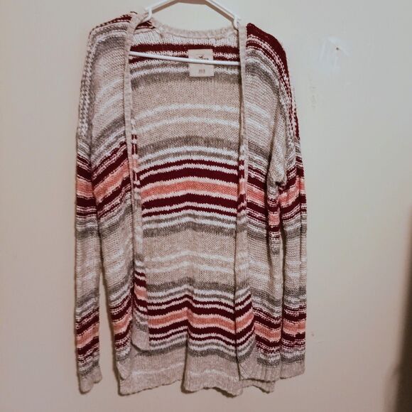 Hollister Longline Knit Cardigan-Size XS/S-Striped-Open Front-Slouchy-Preppy - Picture 2 of 9
